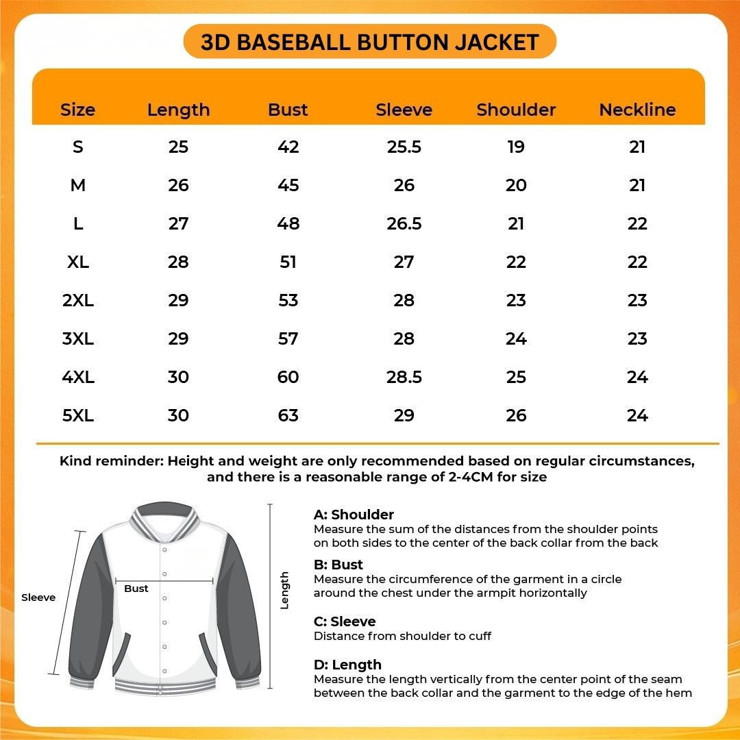 3D Baseball Button Jacket Size Chart 2 - Bleach AU Store